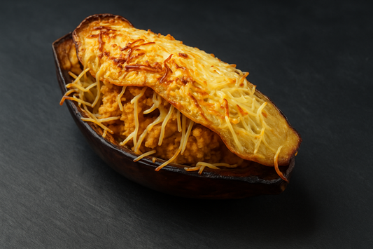 Albergínia farcida de carn i formatge