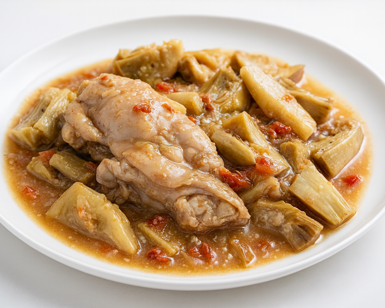 Peu de porc amb carxofes i naps